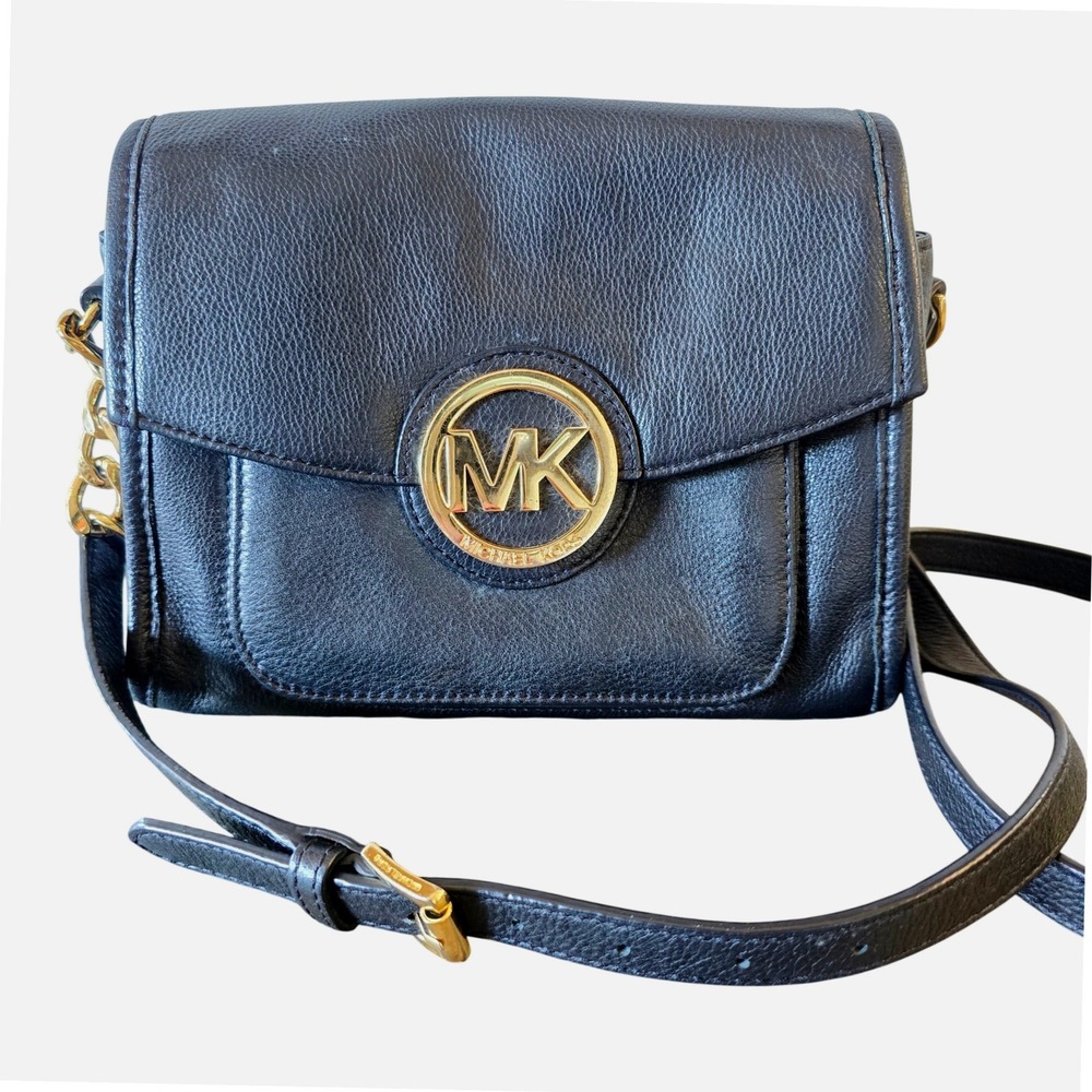 Michael Kors Fulton Black Pebbled Leather Crossbody Bag Gold Logo Purse